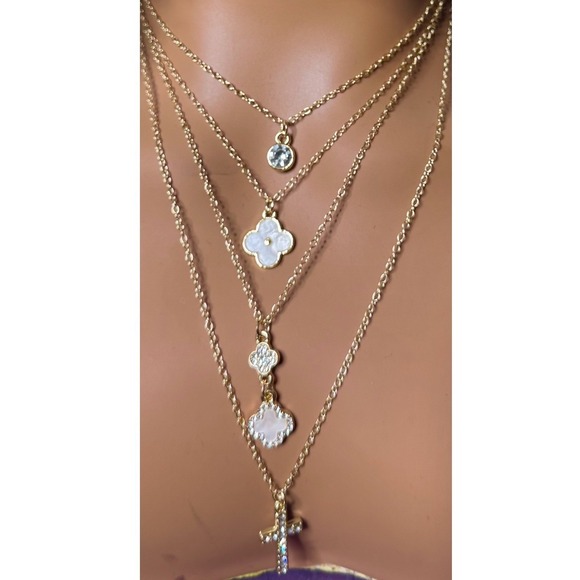 Jewelry - Clover Necklace Gold Layered Lucky Charm Pendant Mothers‎ Day Gift Rhinestones
